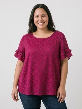 Lane Bryant Ruffle Sleeve Floral Tee in Fuchsia